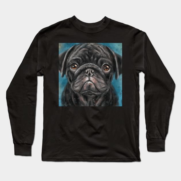 Contemporary Painting of a Young Black Pug with Gorgeous Innocent Expression on Blue Background Long Sleeve T-Shirt by ibadishi